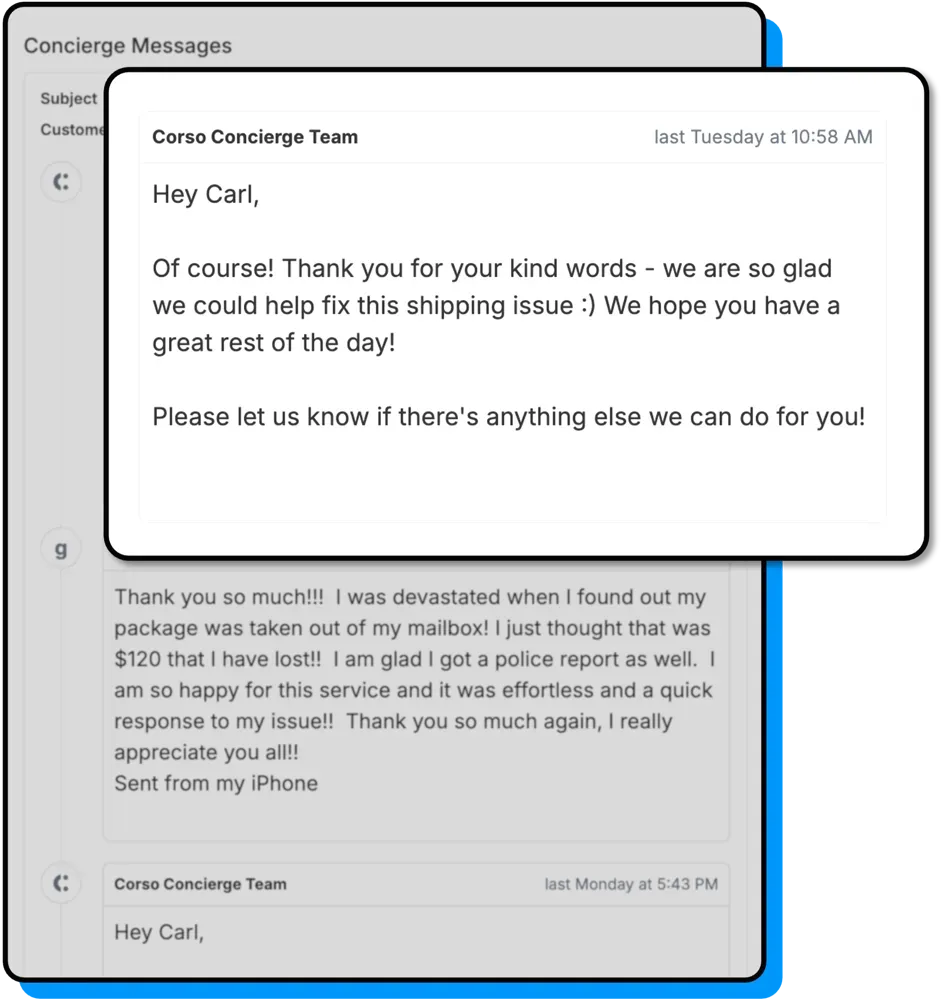 Screenshot of email from CORSO CONCIERGE with thank you message for customer's kind words