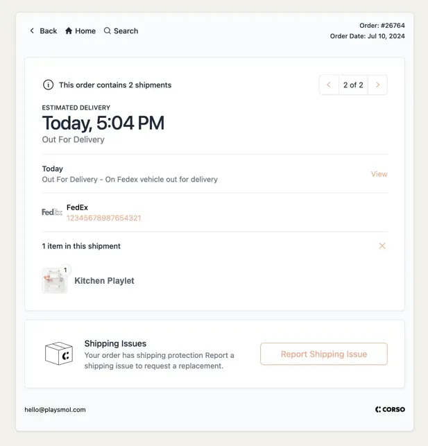 The image displays an order confirmation page from FedEx, showing a package has been shipped and providing an estimated deliv