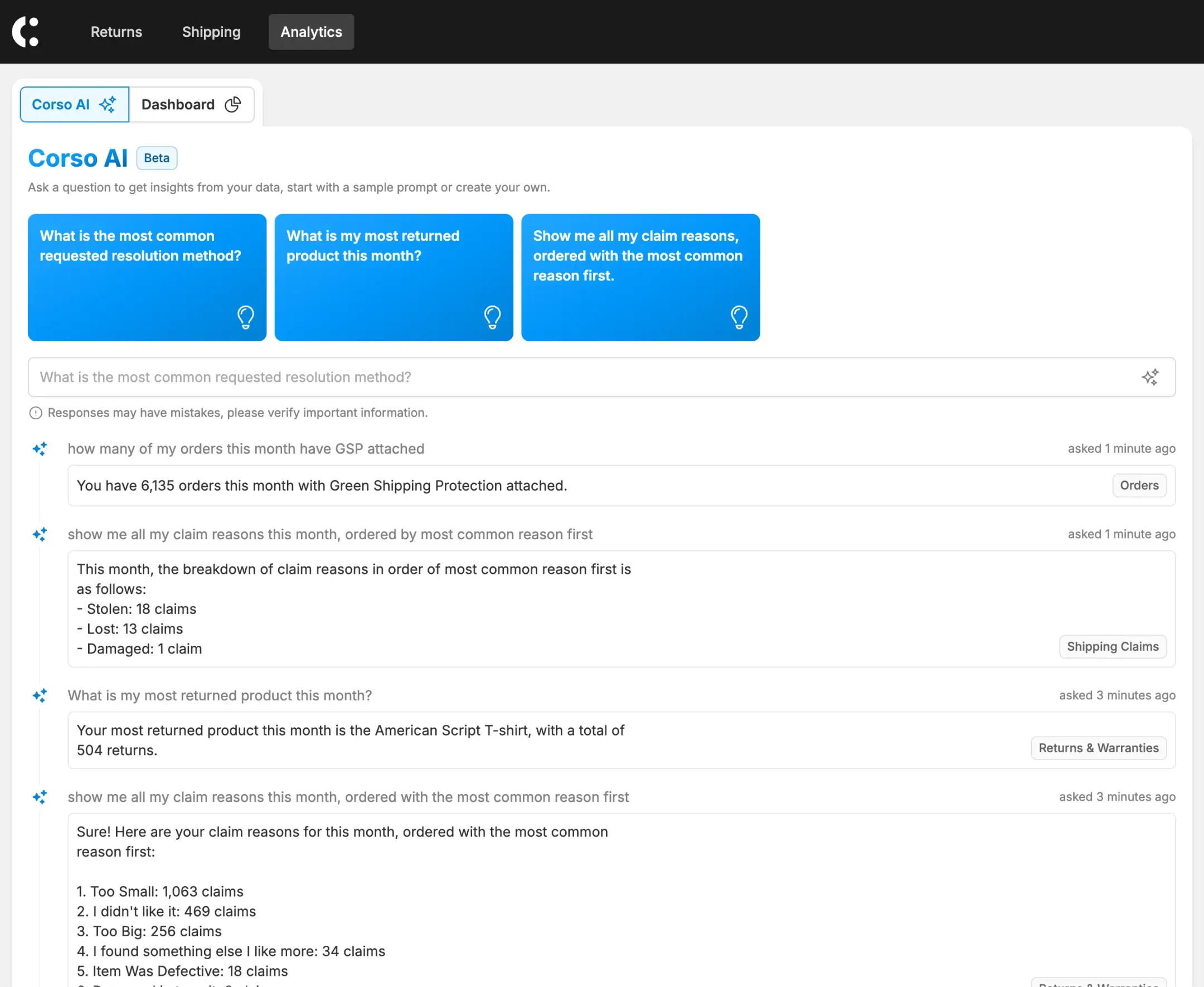 Corso AI surfacing answers about post-purchase data
