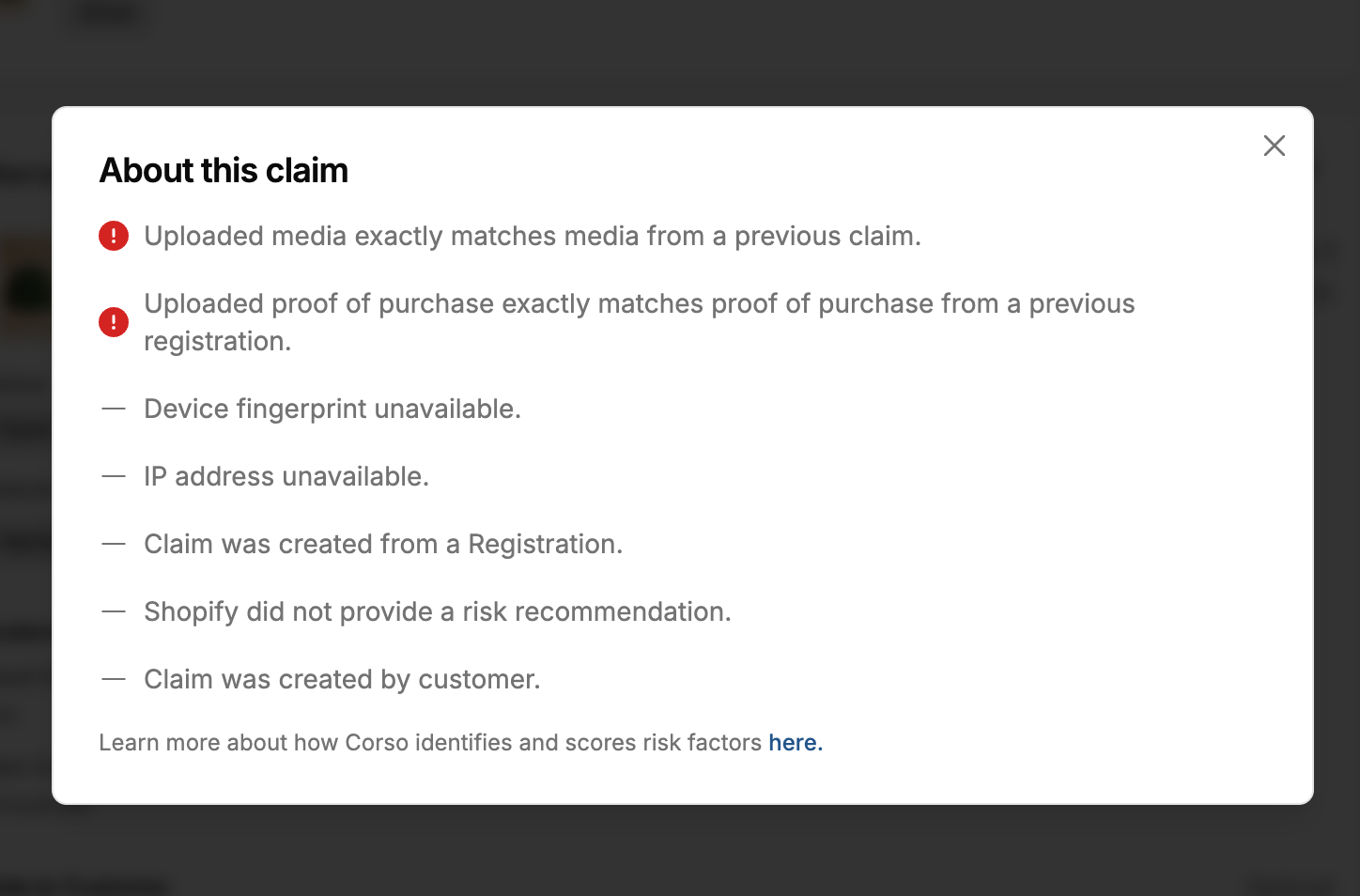 Claim Risk "About this claim" panel listing the risk factors that scored a claim