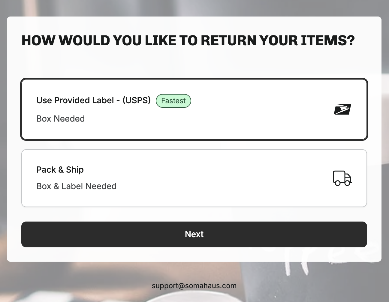 Customer choosing a return shipping method, USPS prepaid label or pack and ship